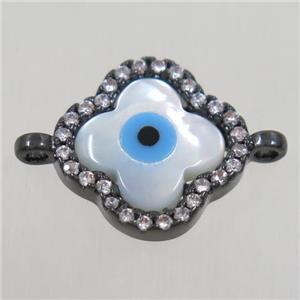 copper four-leaf Clover connector paved zircon with evil eye, black plated, approx 13mm dia [FDZN4597]