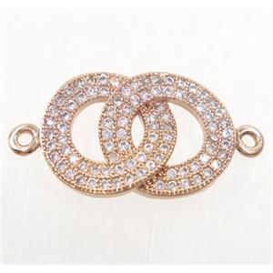 copper doubleRing connector paved zircon, rose gold, approx 13x18mm [FDZN4625]