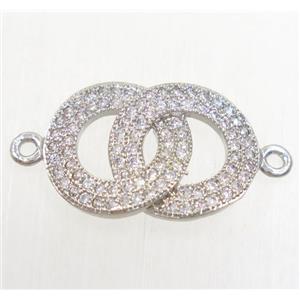 copper doubleRing connector paved zircon, platinum plated, approx 13x18mm [FDZN4626]