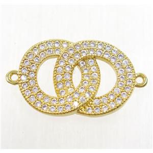 copper doubleRing connector paved zircon, gold plated, approx 13x18mm [FDZN4627]