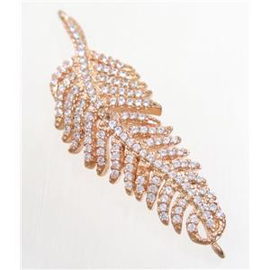 copper feather connector paved zircon, rose gold, approx 14-38mm [FDZN4660]