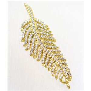 copper feather connector paved zircon, gold plated, approx 14-38mm [FDZN4662]