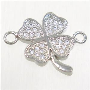 copper four-leaf clover connector paved zircon, platinum plated, approx 11.5mm dia [FDZN4685]