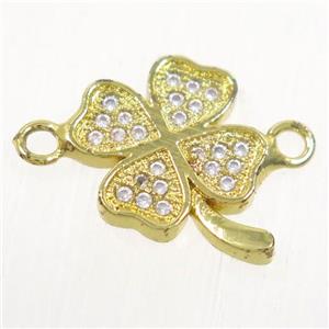 copper four-leaf clover connector paved zircon, gold plated, approx 11.5mm dia [FDZN4686]