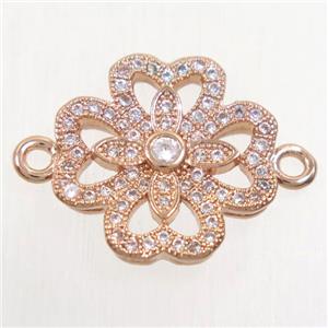 copper four-leaf clover connector paved zircon, rose gold, approx 15mm dia [FDZN4689]