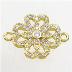 copper four-leaf clover connector paved zircon, gold plated, approx 15mm dia [FDZN4691]