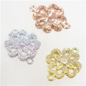 copper four-leaf clover connector paved zircon, mix color, approx 15mm dia [FDZN4692]