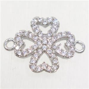 copper four-leaf clover connector paved zircon, platinum plated, approx 12.5mm dia [FDZN4694]