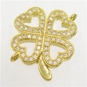 copper four-leaf clover connector paved zircon, gold plated, approx 17mm dia [FDZN4700]