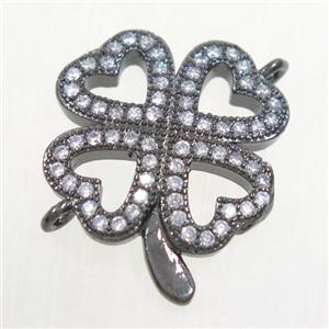 copper four-leaf clover connector paved zircon, black plated, approx 17mm dia [FDZN4701]