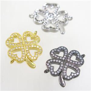 copper four-leaf clover connector paved zircon, mix color, approx 17mm dia [FDZN4702]