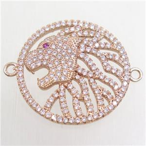 copper leoHead connector paved zircon, rose gold, approx 23mm dia [FDZN4703]