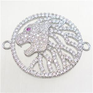 copper leoHead connector paved zircon, platinum plated, approx 23mm dia [FDZN4704]