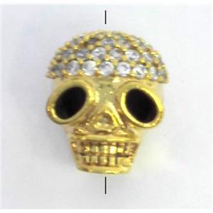 copper spacer bead paved zircon, skull, gold plated, approx 10-12mm [FDZN472]