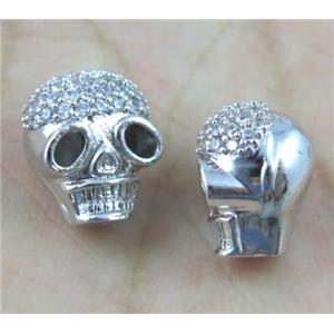 copper spacer bead paved zircon, skull, platinum plated, approx 10-12mm [FDZN473]