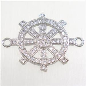 copper ship helm connector paved zircon, platinum plated, approx 19mm dia [FDZN4752]