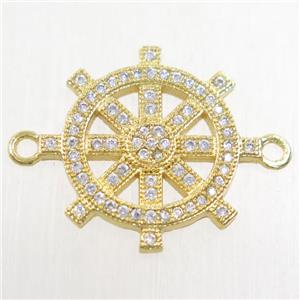 copper ship helm connector paved zircon, gold plated, approx 19mm dia [FDZN4753]