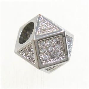copper beads paved zircon, cube, platinum plated, approx 8mm, 4mm hole [FDZN4759]
