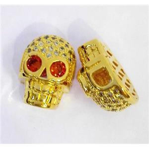 copper spacer bead paved zircon, skull, gold plated, approx 10-14mm [FDZN476]