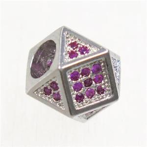 copper beads paved hotpink zircon, cube, platinum plated, approx 8mm, 4mm hole [FDZN4762]