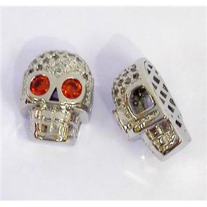 copper spacer bead paved zircon, skull, platinum plated, approx 10-14mm [FDZN477]