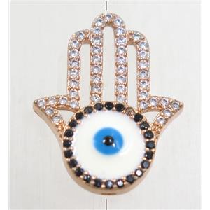 copper hamsahand beads paved zircon with evil eye, rose gold, approx 16-20mm [FDZN4777]