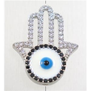 copper hamsahand beads paved zircon with evil eye, platinum plated, approx 16-20mm [FDZN4778]
