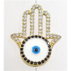 copper hamsahand beads paved zircon with evil eye, gold plated, approx 16-20mm [FDZN4779]