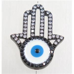 copper hamsahand beads paved zircon with evil eye, black plated, approx 16-20mm [FDZN4780]