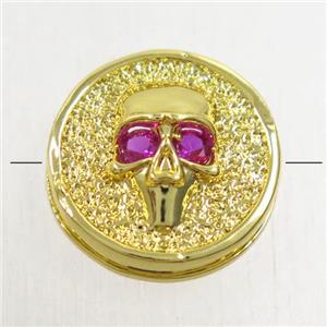 copper Skull beads paved zircon, gold plated, approx 14mm dia [FDZN4794]