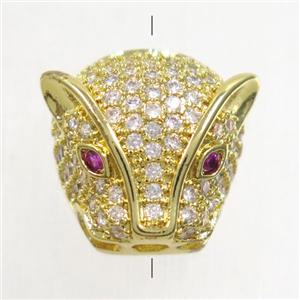 copper leopardhead beads paved zircon, gold plated, approx 14mm [FDZN4803]