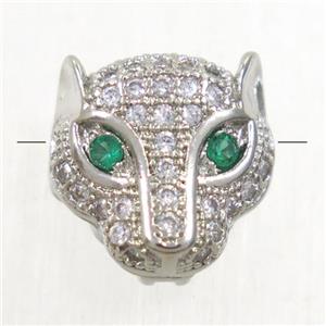 copper foxHead beads paved zircon, platinum plated, approx 11mm [FDZN4816]