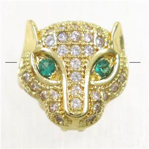 copper foxHead beads paved zircon, gold plated, approx 11mm [FDZN4817]