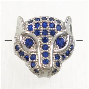 copper foxHead beads paved blue zircon, platinum plated, approx 11mm [FDZN4824]