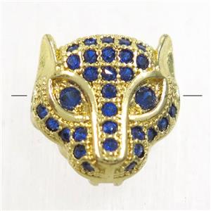 copper foxHead beads paved blue zircon, gold plated, approx 11mm [FDZN4825]