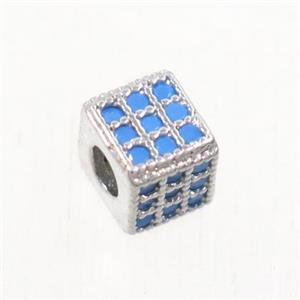 copper cube beads paved zircon, platinum plated, turq, approx 4.5x4.5mm [FDZN4878-4.5MM]