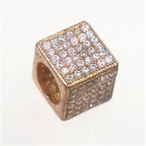European style copper cube beads paved zircon, rose gold, approx 9.5x9.5mm, 7mm hole [FDZN4887]