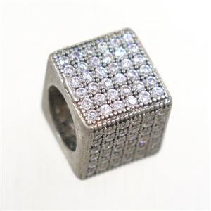European style copper cube beads paved zircon, platinum plated, approx 9.5x9.5mm, 7mm hole [FDZN4888]