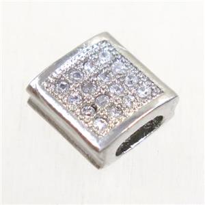 copper square bead paved zircon, platinum plated, approx 9x9mm, 2x5mm hole [FDZN4907]