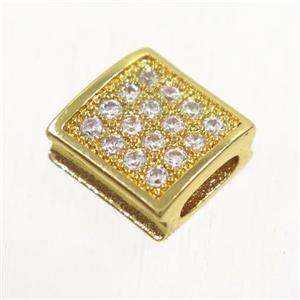 copper square bead paved zircon, gold plated, approx 9x9mm, 2x5mm hole [FDZN4909]