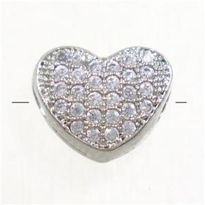 copper heart beads paved zircon, platinum plated, approx 7.5x9mm [FDZN4913]