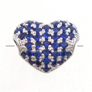 European style copper heart beads paved blue zircon, platinum plated, approx 9x10.5mm [FDZN4915]