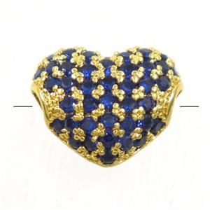 European style copper heart beads paved blue zircon, gold plated, approx 9x10.5mm [FDZN4916]