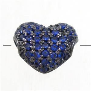 European style copper heart beads paved blue zircon, black plated, approx 9x10.5mm [FDZN4917]