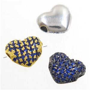 European style copper heart beads paved blue zircon, mix color, approx 9x10.5mm [FDZN4919]