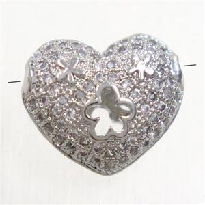 copper heart beads paved zircon, platinum plated, approx 11.5x13.5mm [FDZN4920]