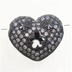 copper heart beads paved zircon, black plated, approx 11.5x13.5mm [FDZN4921]