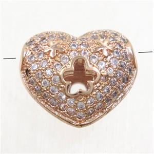 copper heart beads paved zircon, rose gold, approx 11.5x13.5mm [FDZN4922]