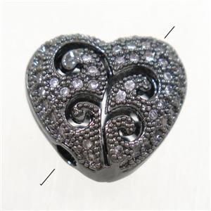 copper heart beads paved zircon, black plated, approx 13x14mm [FDZN4929]