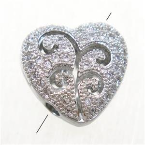 copper heart beads paved zircon, platinum plated, approx 13x14mm [FDZN4930]